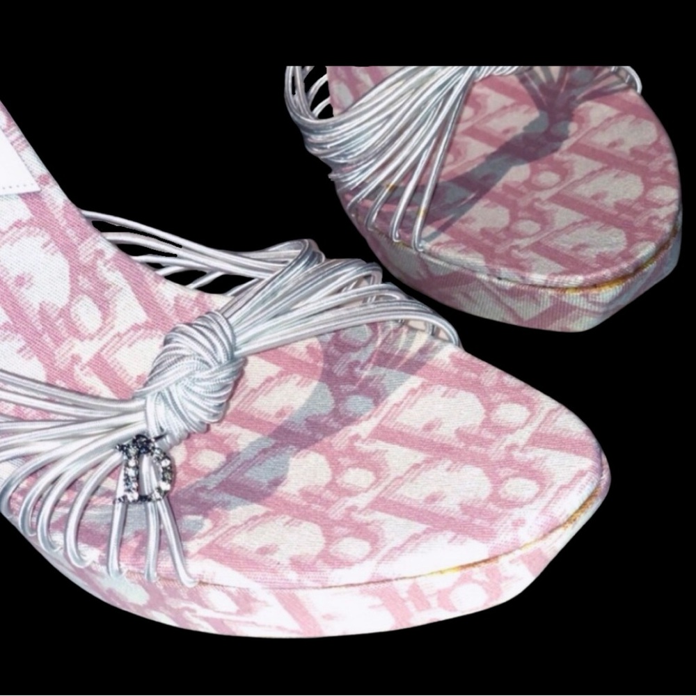 DIOR Vintage John Galliano Pink White Monogram Logo Trotter Platform Sandal Heel - Picture 12 of 14